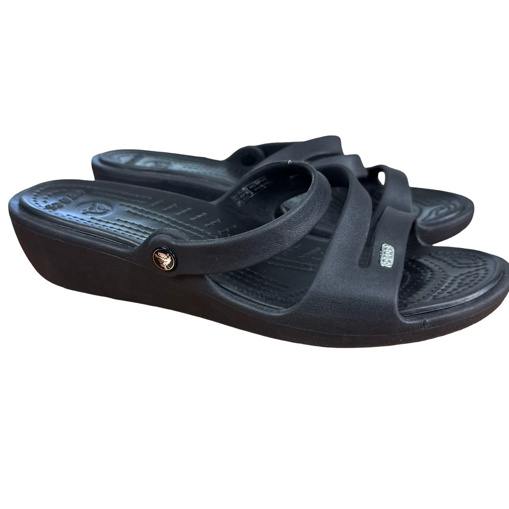 Crocs Patricia Wedge Sandals Black Slip On Slides Strappy Open Toe Shoes sz 8